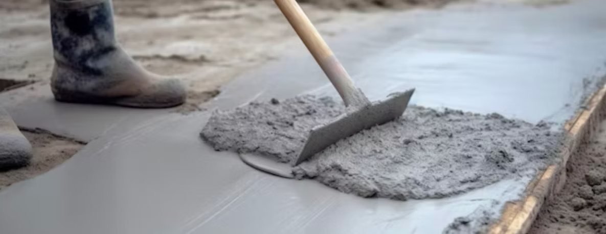Fresh concrete being spread with a rake